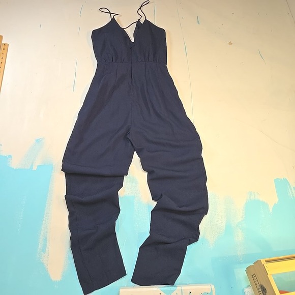 Finders Keepers S Someday Navy Wide Leg V-Neck Jumpsuit Pockets Strappy 2010s - Picture 1 of 9